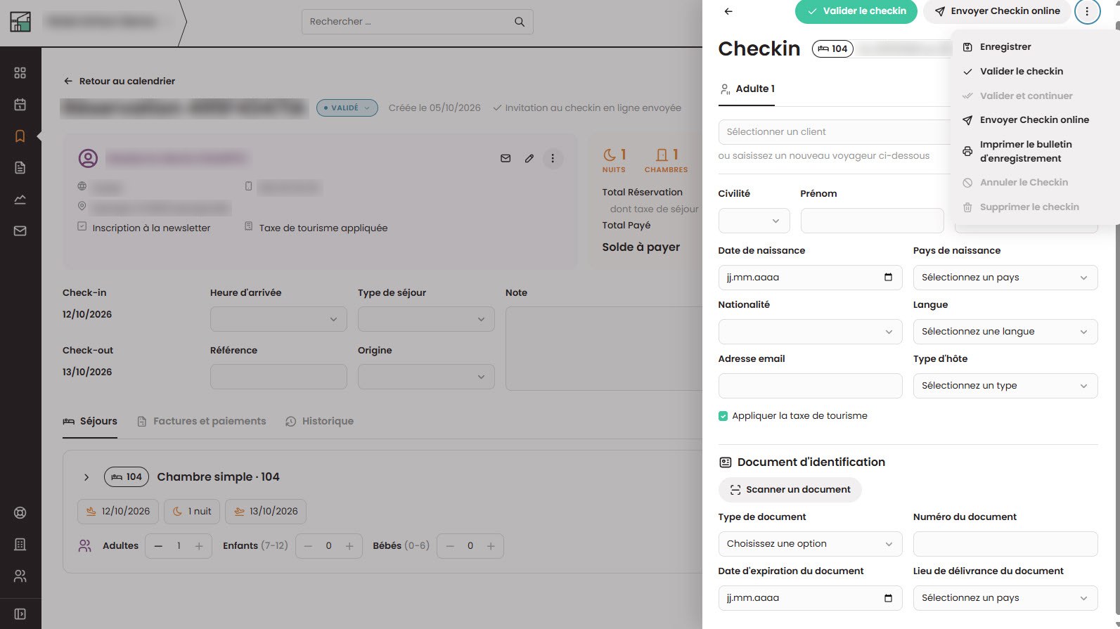Check-in in Arhon PMS